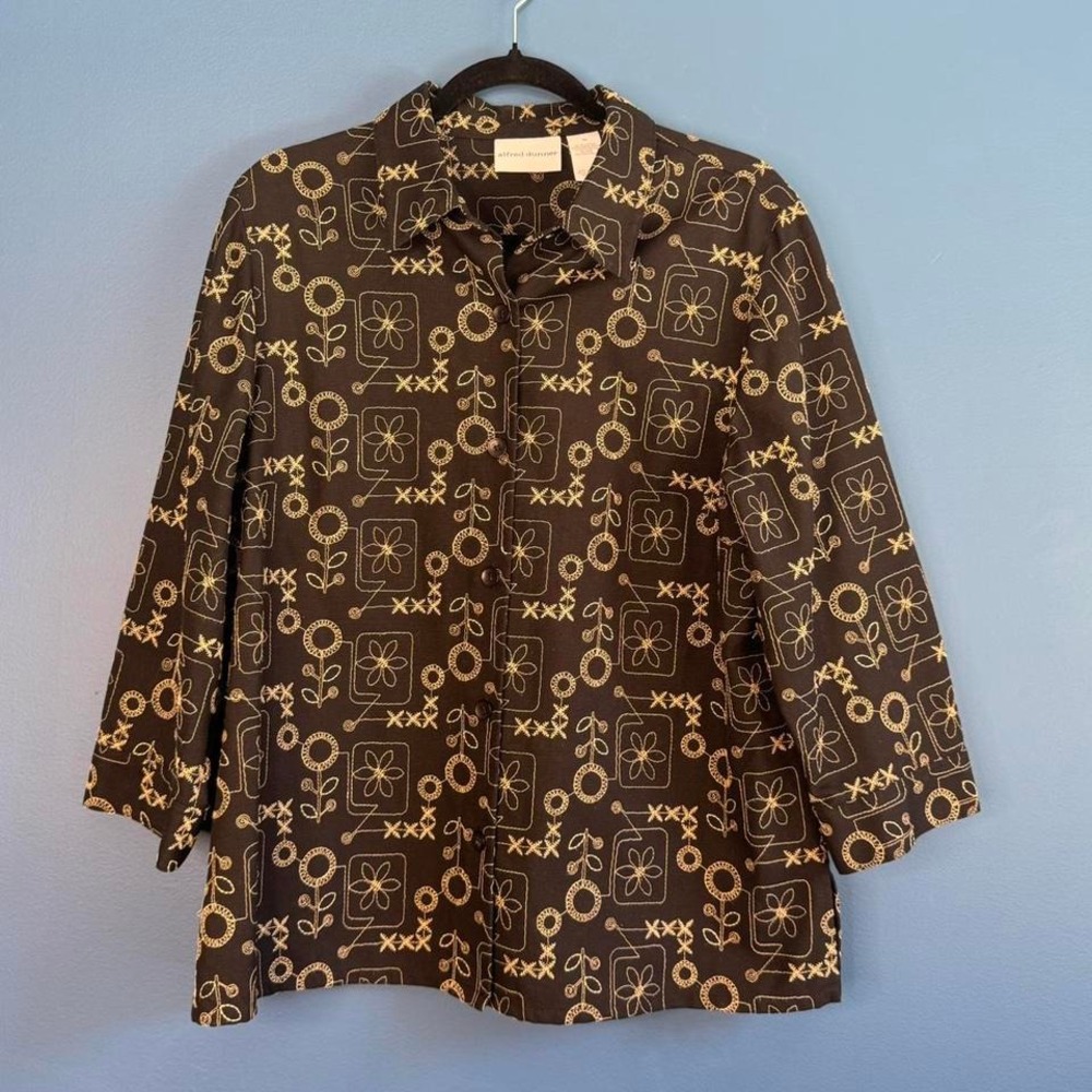 Y2K Alfred Dunner Jacket Women's Size‎ 14 Embroidered Black Tan Floral Cottage